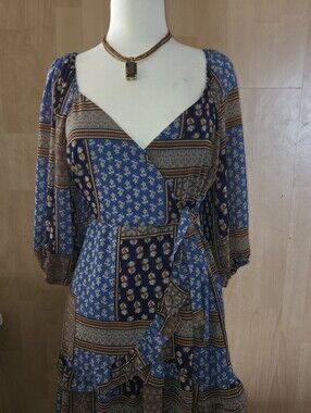 Cozy Fox Boho Blue Patchwork Wrap Dress